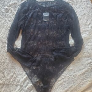 Forever 21 Black Sheer Lace Long-Sleeve Bodysuit